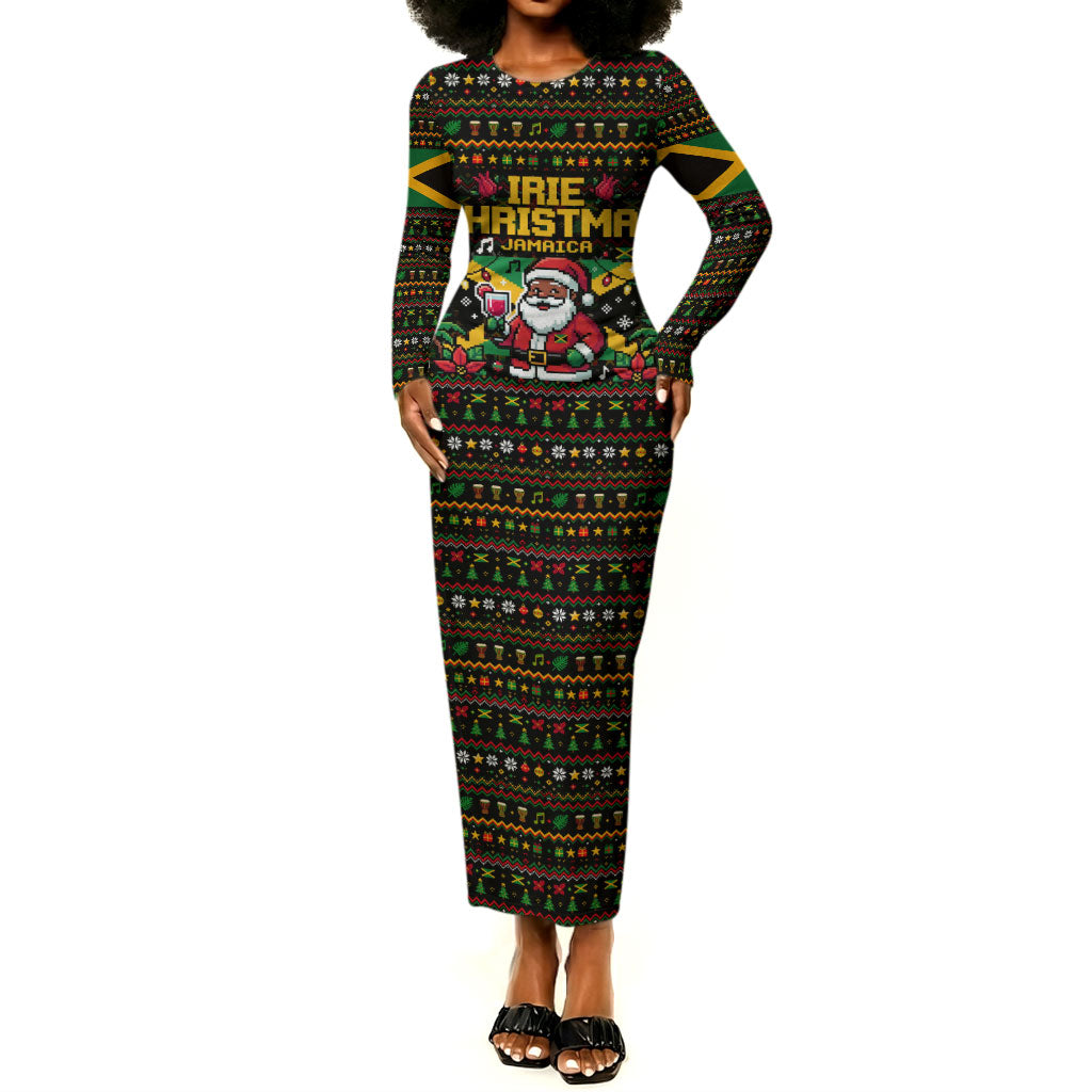 Jamaica Christmas Irie Long Sleeve Bodycon Dress Jamaican Santa Flag Reggae Vibes