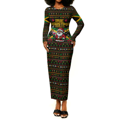 Jamaica Christmas Irie Long Sleeve Bodycon Dress Jamaican Santa Flag Reggae Vibes