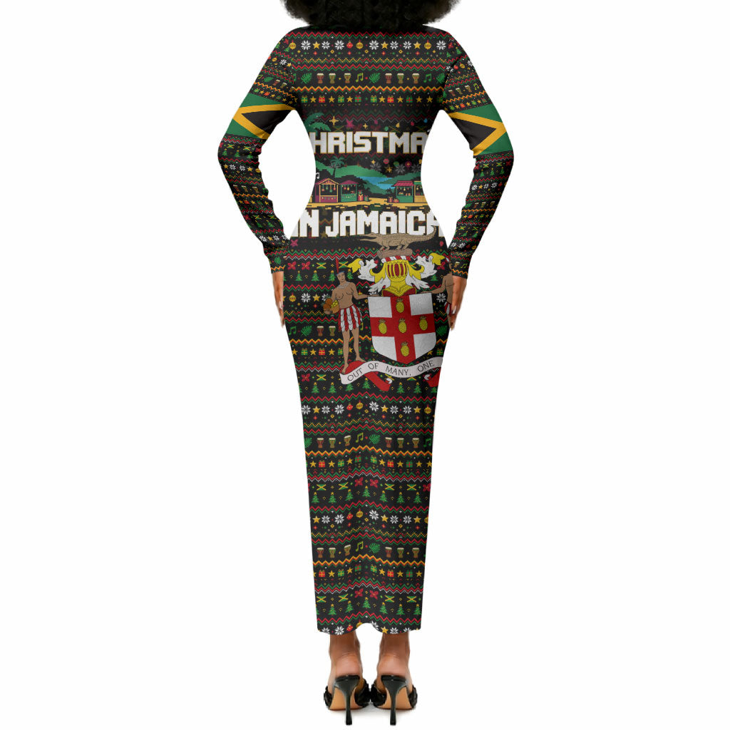 Jamaica Christmas Irie Long Sleeve Bodycon Dress Jamaican Santa Flag Reggae Vibes