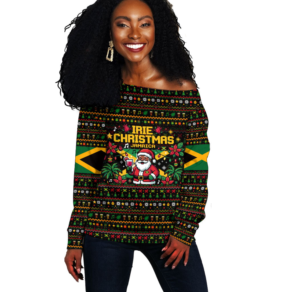 Jamaica Christmas Irie Off Shoulder Sweater Jamaican Santa Flag Reggae Vibes