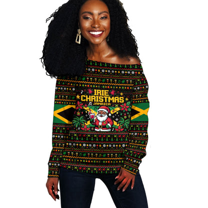 Jamaica Christmas Irie Off Shoulder Sweater Jamaican Santa Flag Reggae Vibes