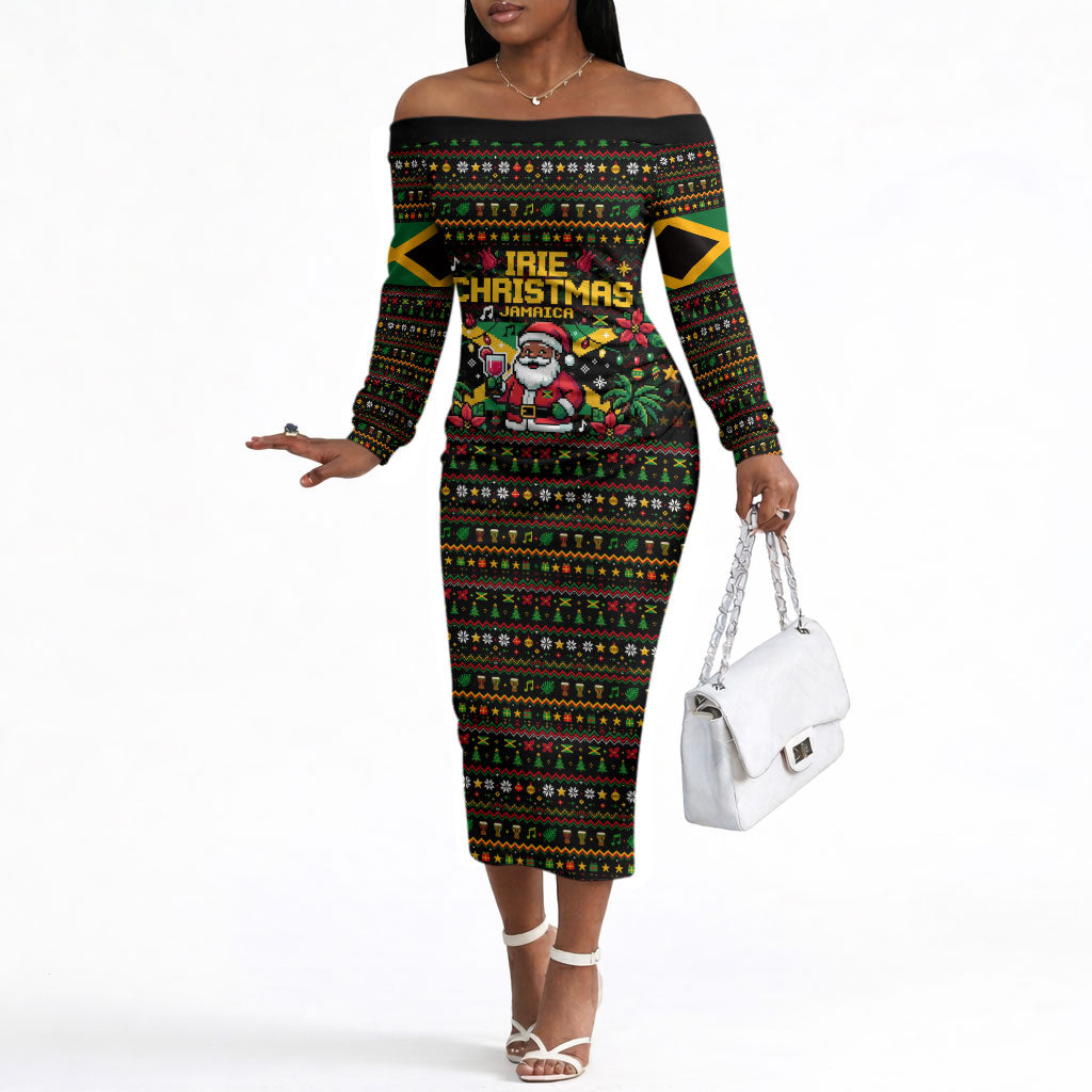 Jamaica Christmas Irie Off The Shoulder Long Sleeve Dress Jamaican Santa Flag Reggae Vibes