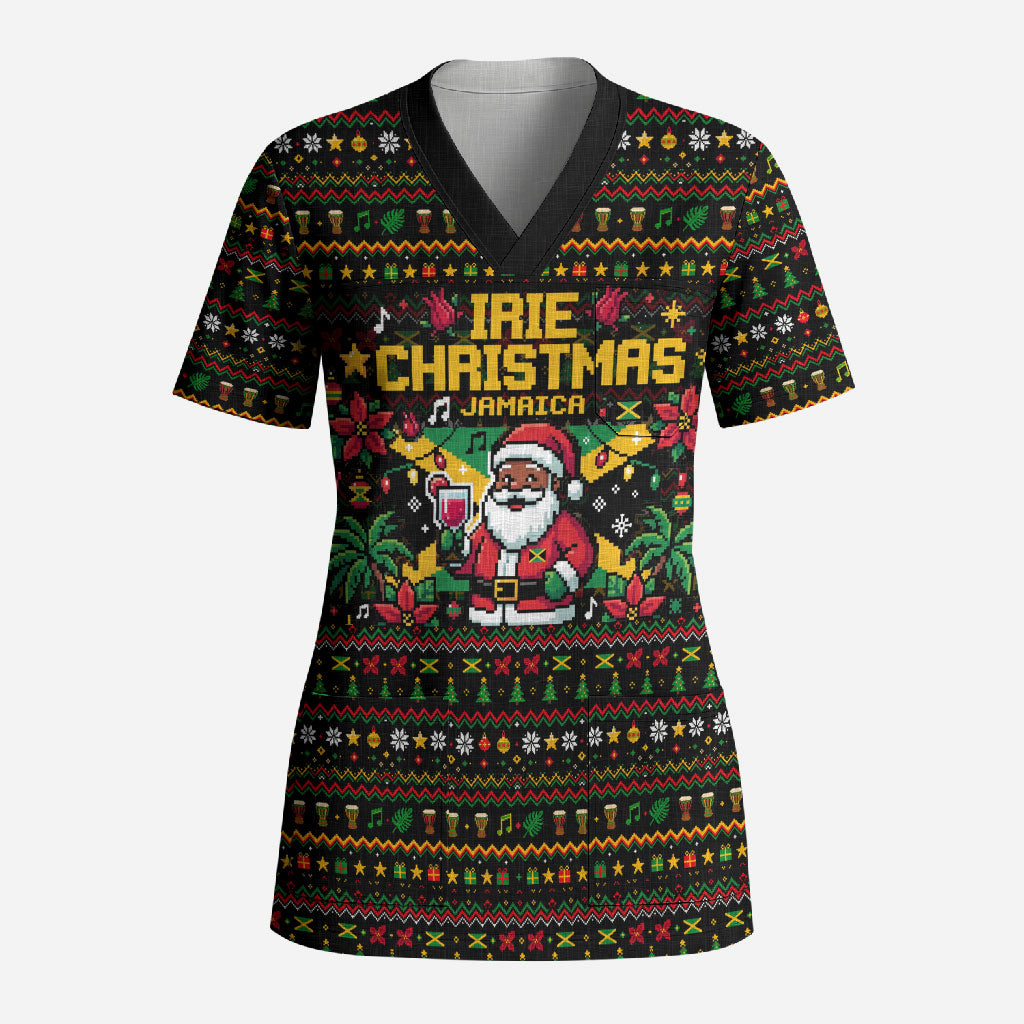 Jamaica Christmas Irie Scrub Top Jamaican Santa Flag Reggae Vibes