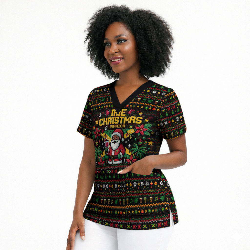 Jamaica Christmas Irie Scrub Top Jamaican Santa Flag Reggae Vibes