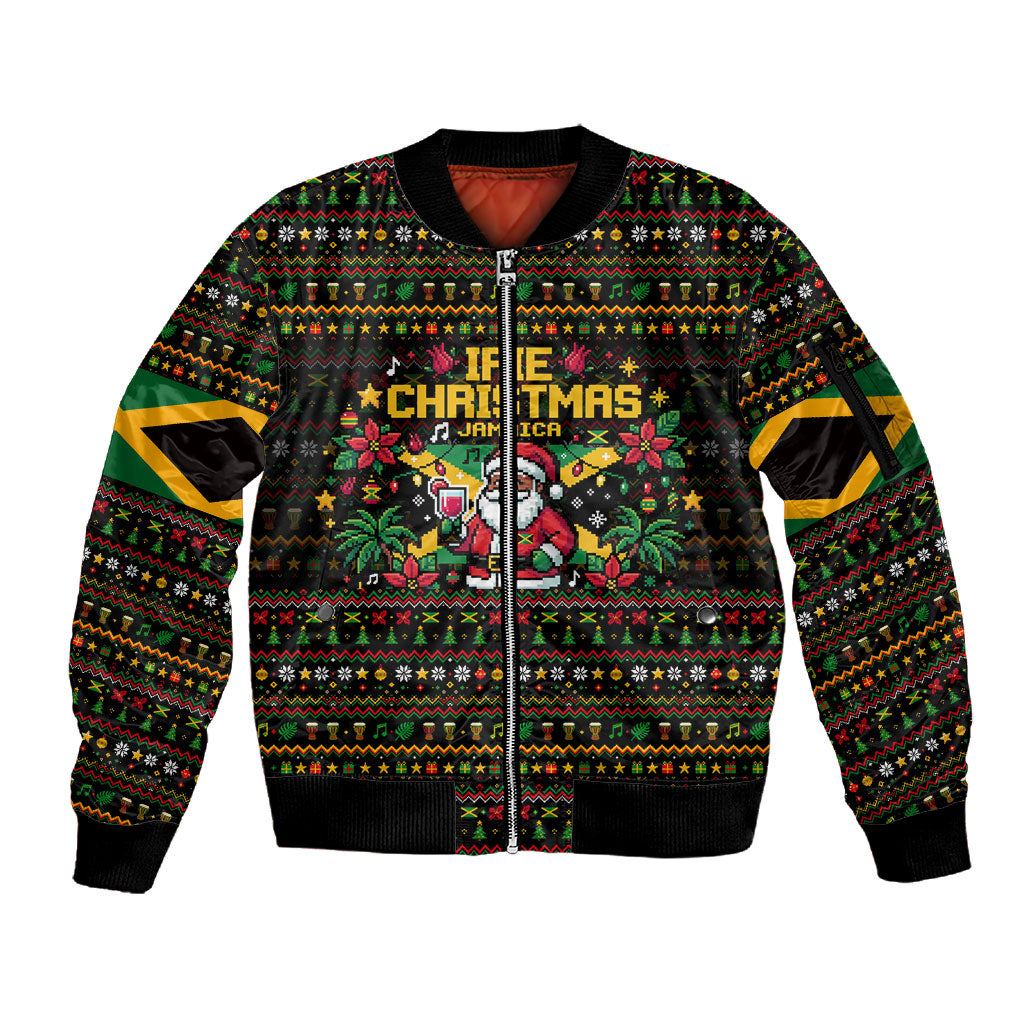 Jamaica Christmas Irie Sleeve Zip Bomber Jacket Jamaican Santa Flag Reggae Vibes