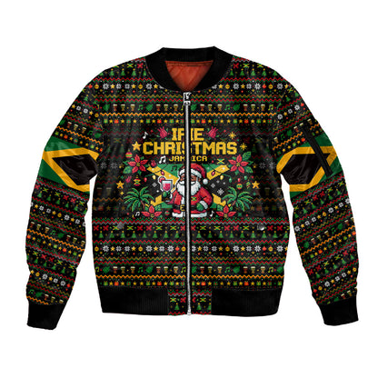 Jamaica Christmas Irie Sleeve Zip Bomber Jacket Jamaican Santa Flag Reggae Vibes