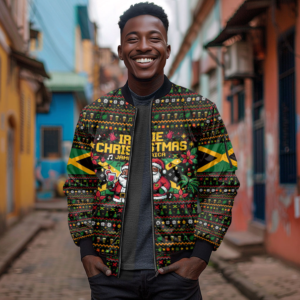 Jamaica Christmas Irie Sleeve Zip Bomber Jacket Jamaican Santa Flag Reggae Vibes