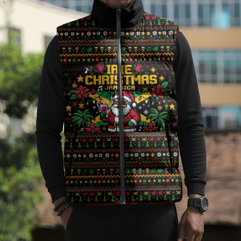 Jamaica Christmas Irie Sleeveless Puffer Jacket Jamaican Santa Flag Reggae Vibes