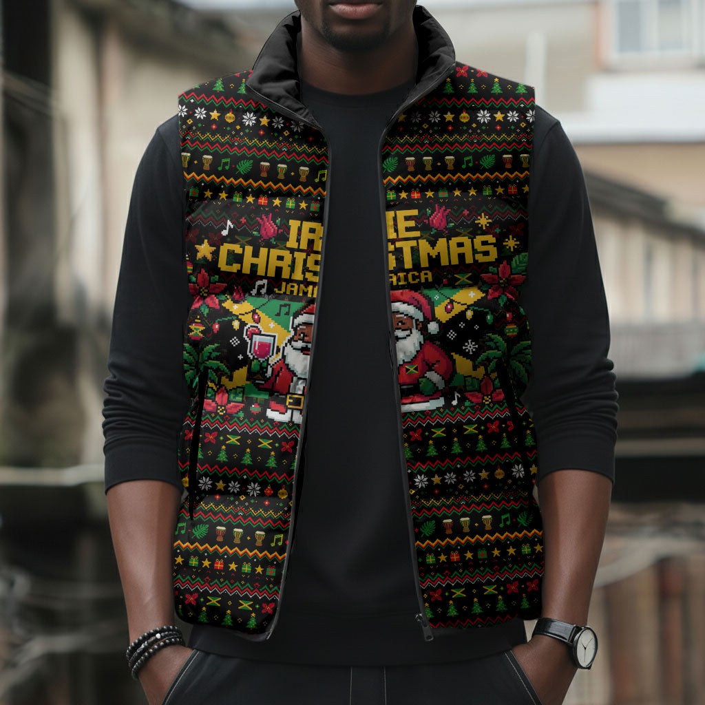 Jamaica Christmas Irie Sleeveless Puffer Jacket Jamaican Santa Flag Reggae Vibes