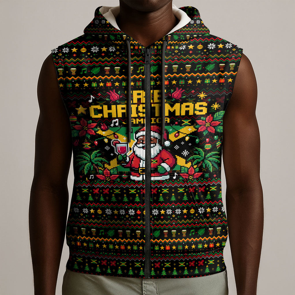 Jamaica Christmas Irie Sleeveless Zip Hoodie Jamaican Santa Flag Reggae Vibes