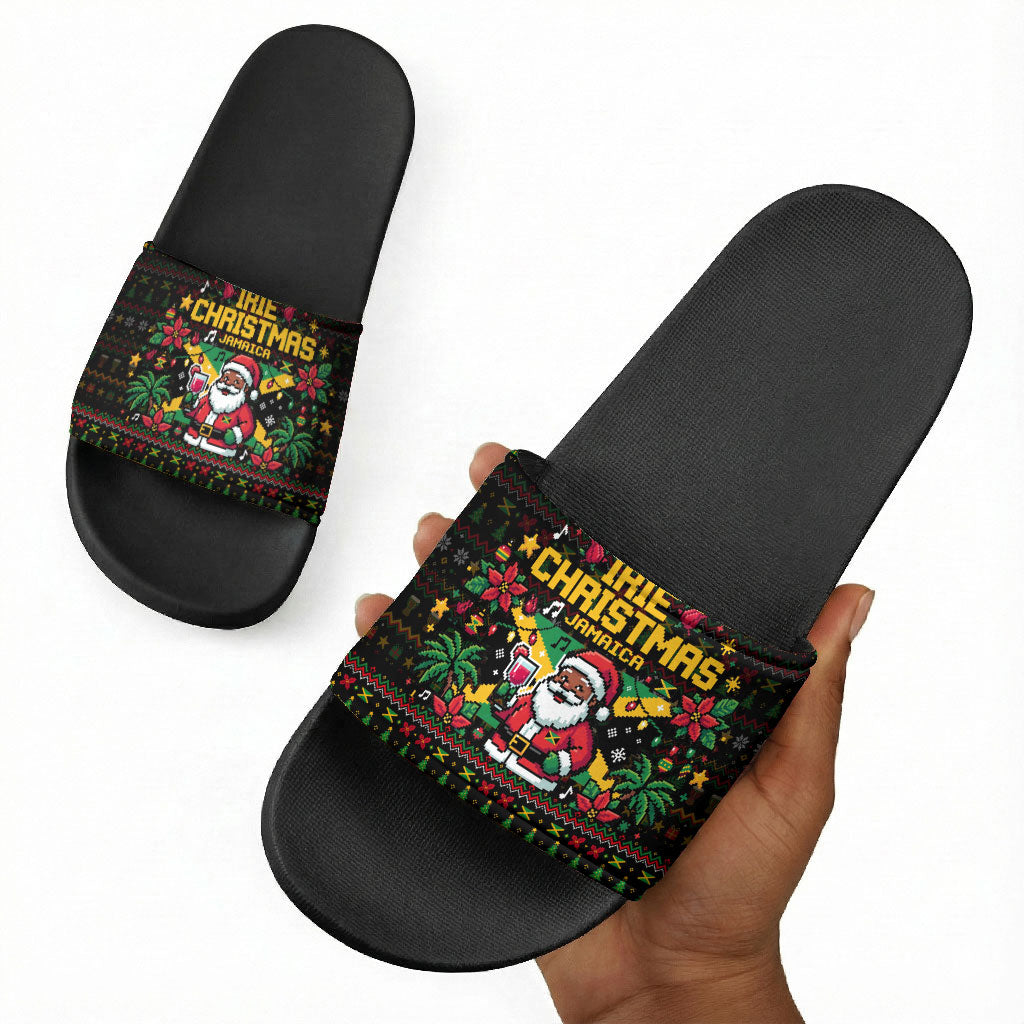 Jamaica Christmas Irie Slide Sandals Jamaican Santa Flag Reggae Vibes