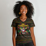 Jamaica Christmas Irie Women V-Neck T-Shirt Jamaican Santa Flag Reggae Vibes