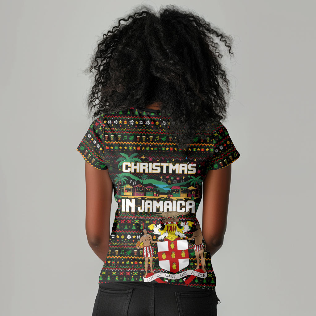 Jamaica Christmas Irie Women V-Neck T-Shirt Jamaican Santa Flag Reggae Vibes