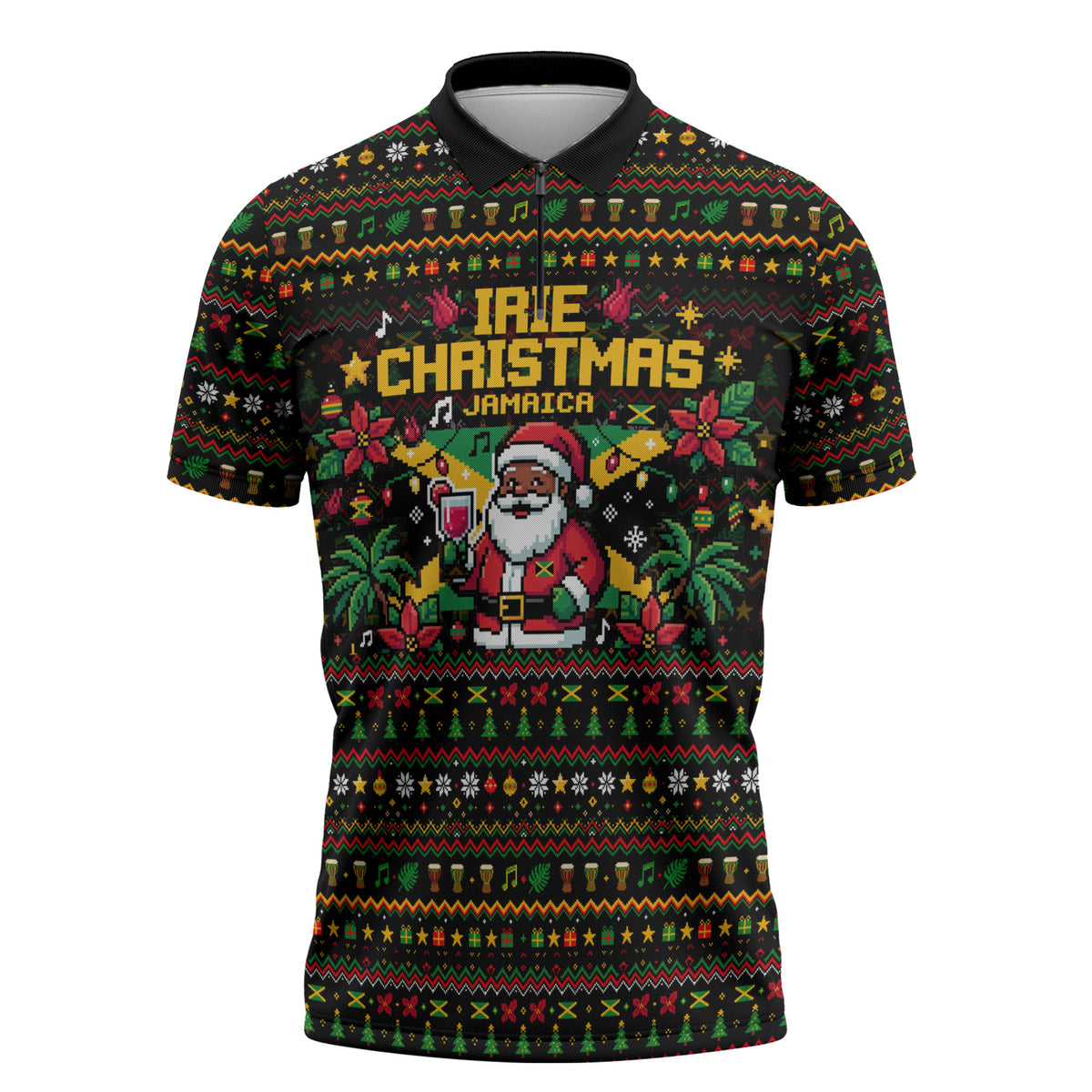 Jamaica Christmas Irie Zipper Polo Shirt Jamaican Santa Flag Reggae Vibes