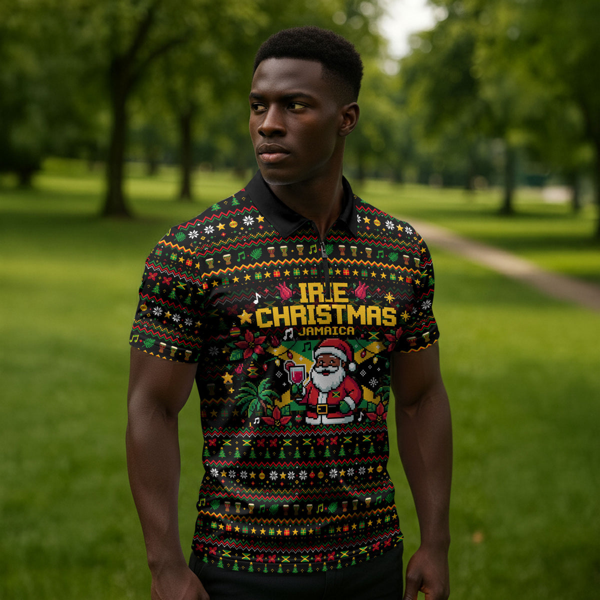 Jamaica Christmas Irie Zipper Polo Shirt Jamaican Santa Flag Reggae Vibes