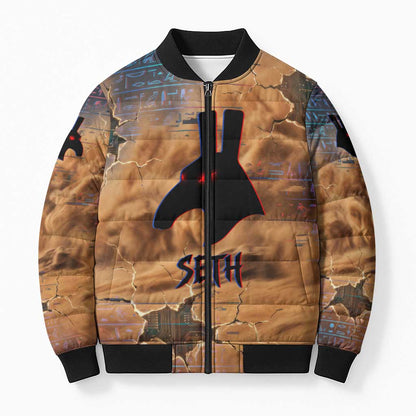 Seth Serpent Bomber Puffer Jacket Sandstorm Egyptian Chaos God in Ancient Desert Tones