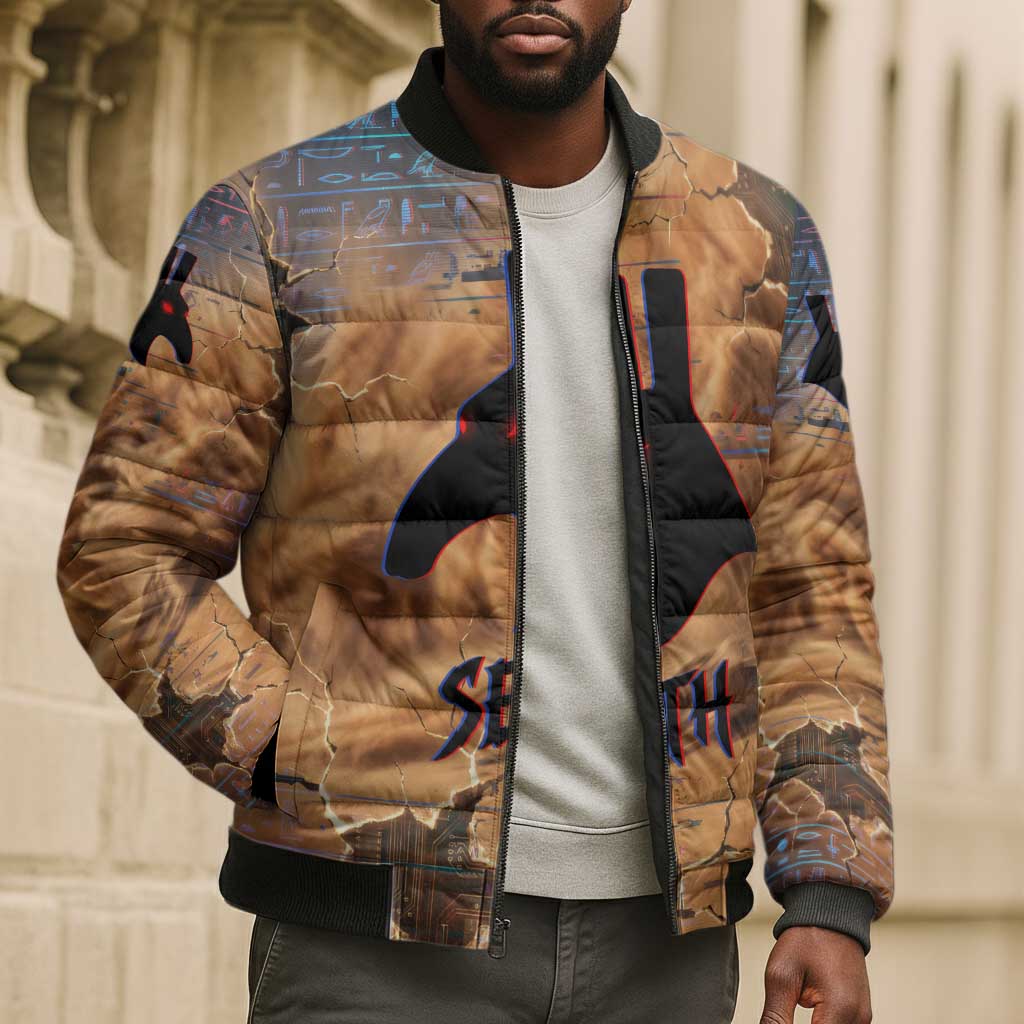 Seth Serpent Bomber Puffer Jacket Sandstorm Egyptian Chaos God in Ancient Desert Tones