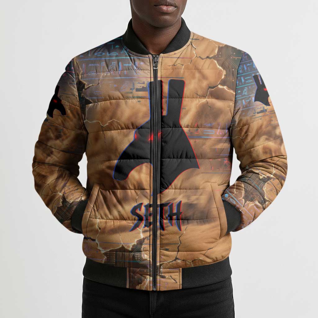 Seth Serpent Bomber Puffer Jacket Sandstorm Egyptian Chaos God in Ancient Desert Tones