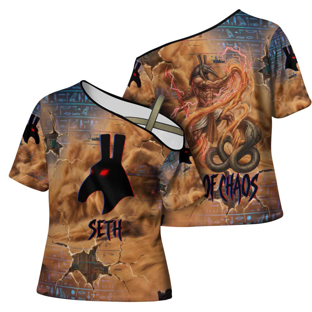 Seth Serpent Cross Shoulder Shirt Sandstorm Egyptian Chaos God in Ancient Desert Tones