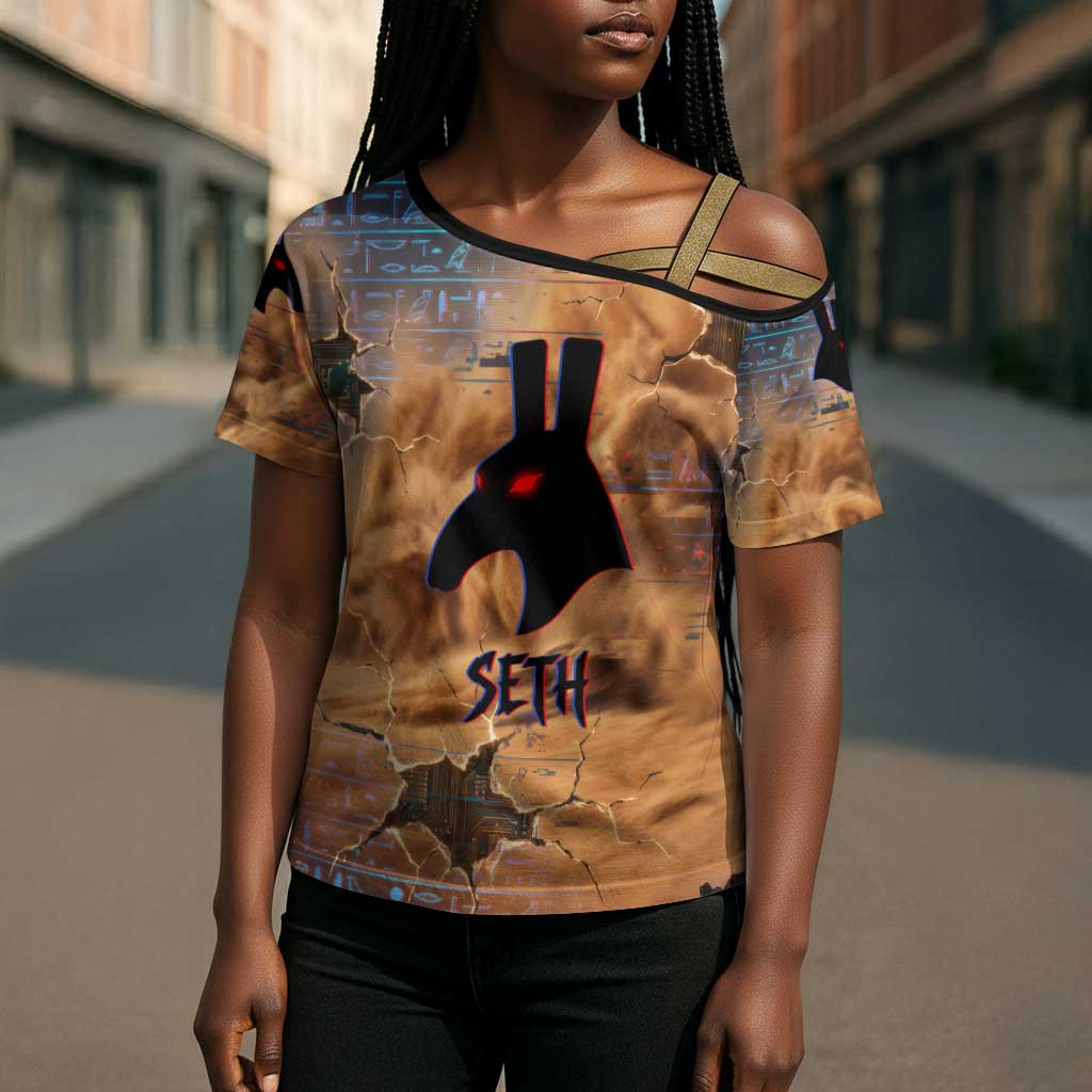 Seth Serpent Cross Shoulder Shirt Sandstorm Egyptian Chaos God in Ancient Desert Tones