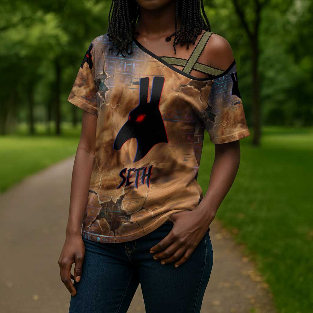 Seth Serpent Cross Shoulder Shirt Sandstorm Egyptian Chaos God in Ancient Desert Tones