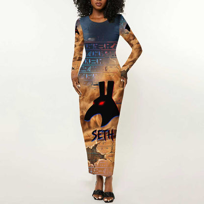 Seth Serpent Long Sleeve Bodycon Dress Sandstorm Egyptian Chaos God in Ancient Desert Tones