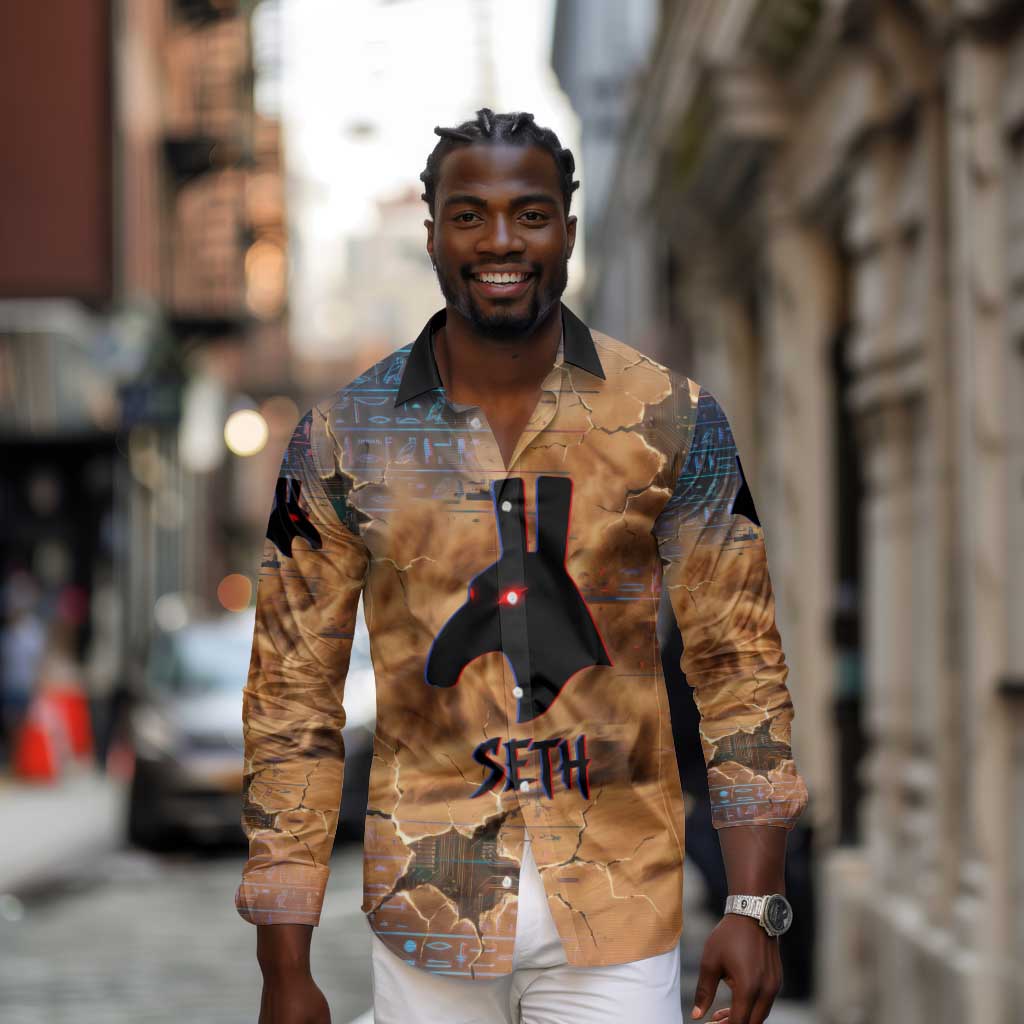 Seth Serpent Long Sleeve Button Shirt Sandstorm Egyptian Chaos God in Ancient Desert Tones