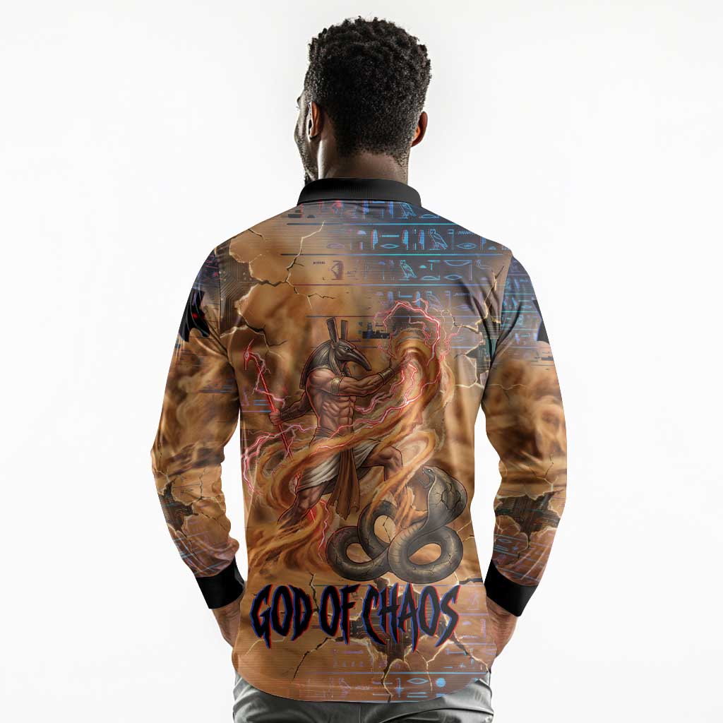 Seth Serpent Long Sleeve Polo Shirt Sandstorm Egyptian Chaos God in Ancient Desert Tones