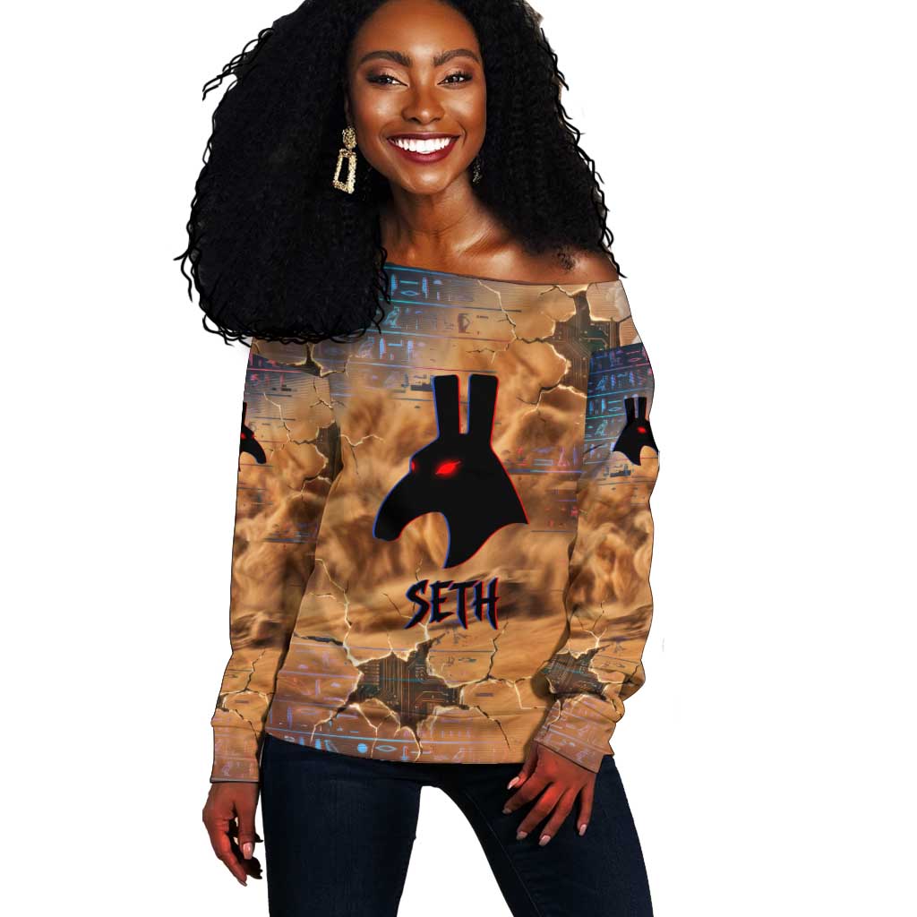Seth Serpent Off Shoulder Sweater Sandstorm Egyptian Chaos God in Ancient Desert Tones