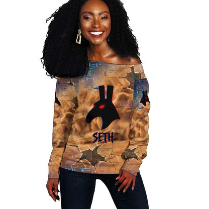 Seth Serpent Off Shoulder Sweater Sandstorm Egyptian Chaos God in Ancient Desert Tones