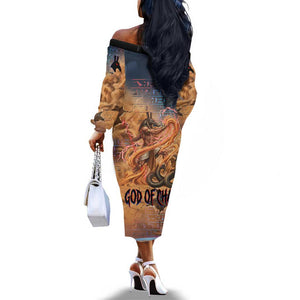 Seth Serpent Off The Shoulder Long Sleeve Dress Sandstorm Egyptian Chaos God in Ancient Desert Tones