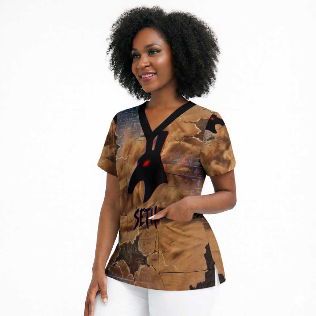 Seth Serpent Scrub Top Sandstorm Egyptian Chaos God in Ancient Desert Tones
