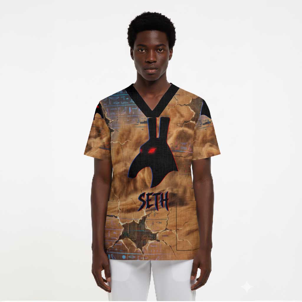 Seth Serpent Scrub Top Sandstorm Egyptian Chaos God in Ancient Desert Tones