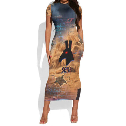 Seth Serpent Short Sleeve Bodycon Dress Sandstorm Egyptian Chaos God in Ancient Desert Tones