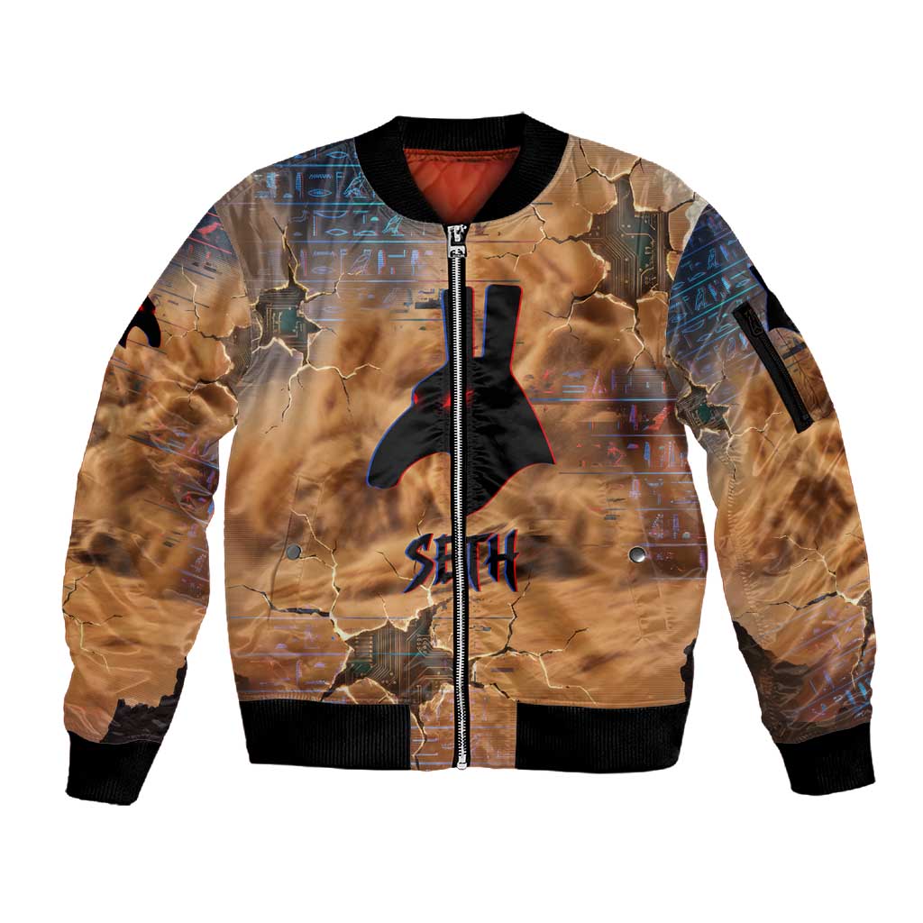 Seth Serpent Sleeve Zip Bomber Jacket Sandstorm Egyptian Chaos God in Ancient Desert Tones