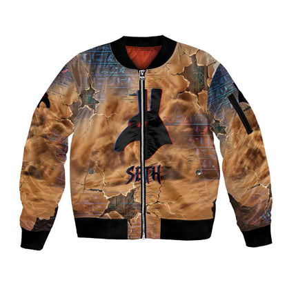 Seth Serpent Sleeve Zip Bomber Jacket Sandstorm Egyptian Chaos God in Ancient Desert Tones