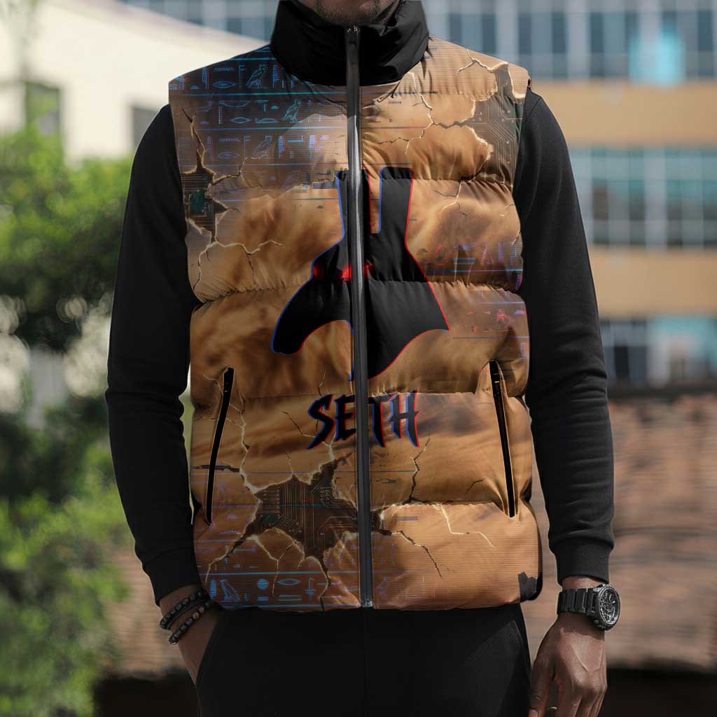 Seth Serpent Sleeveless Puffer Jacket Sandstorm Egyptian Chaos God in Ancient Desert Tones
