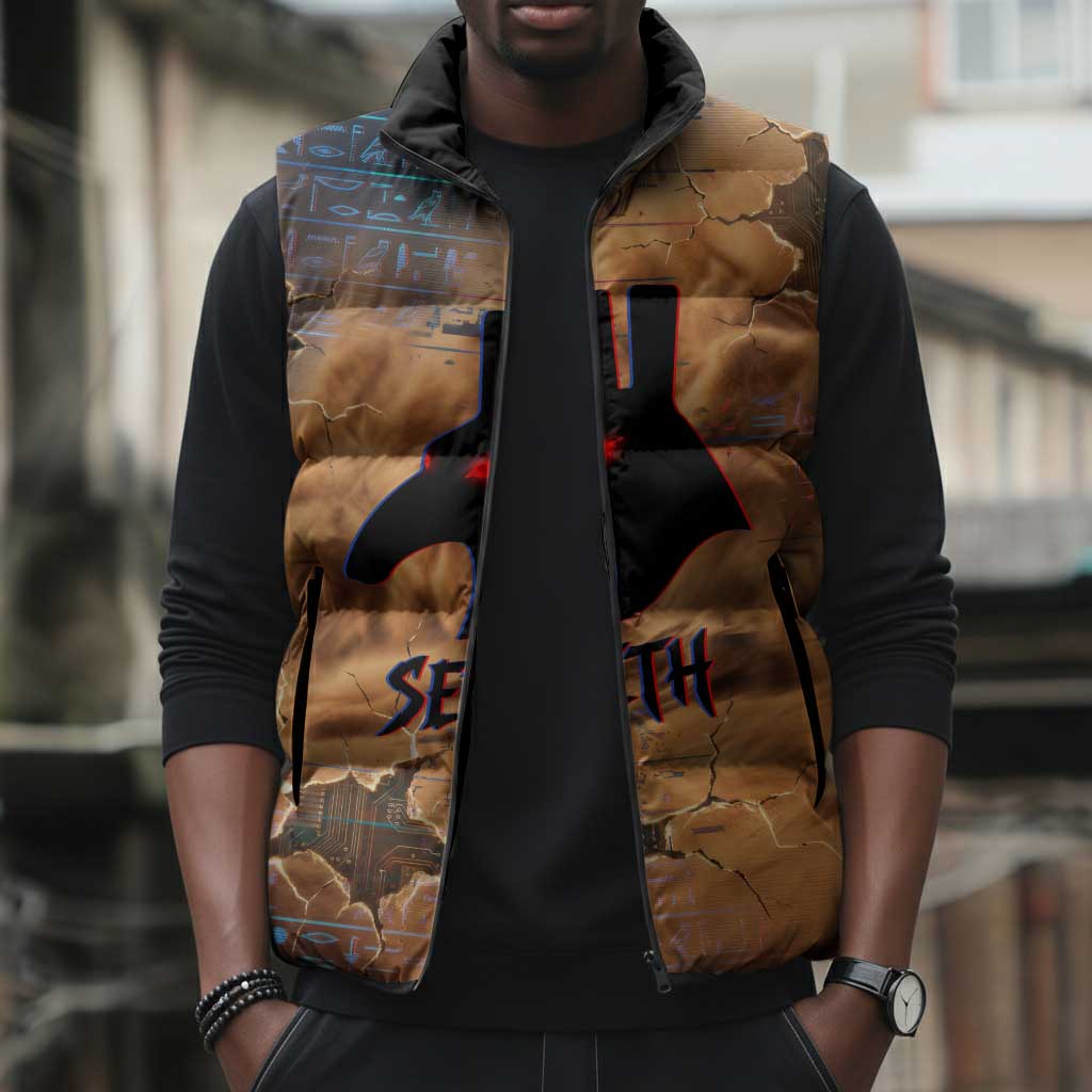 Seth Serpent Sleeveless Puffer Jacket Sandstorm Egyptian Chaos God in Ancient Desert Tones