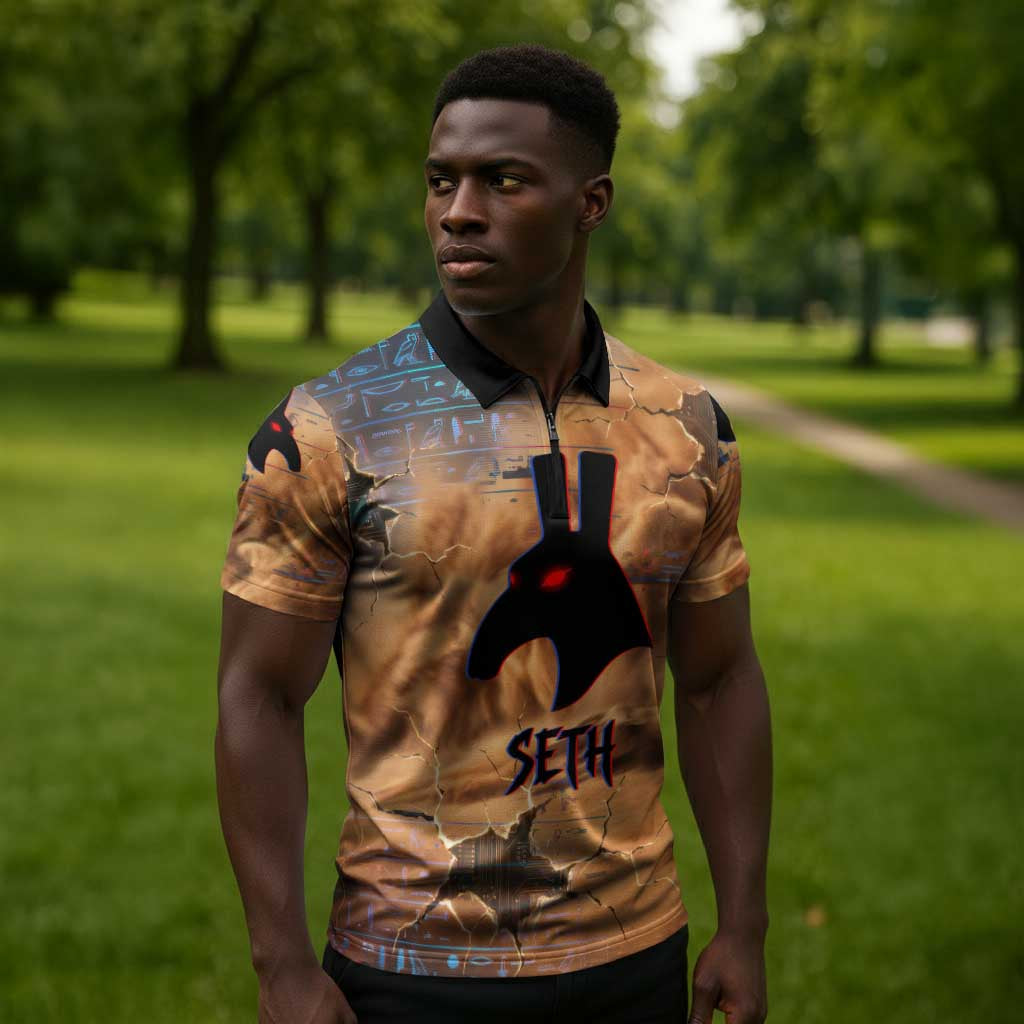 Seth Serpent Zipper Polo Shirt Sandstorm Egyptian Chaos God in Ancient Desert Tones