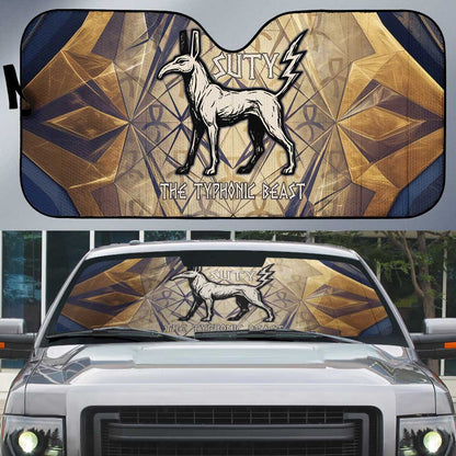 Suty Auto Sun Shade with Typhonic Beast Staff Ancient Egypt Symbolism