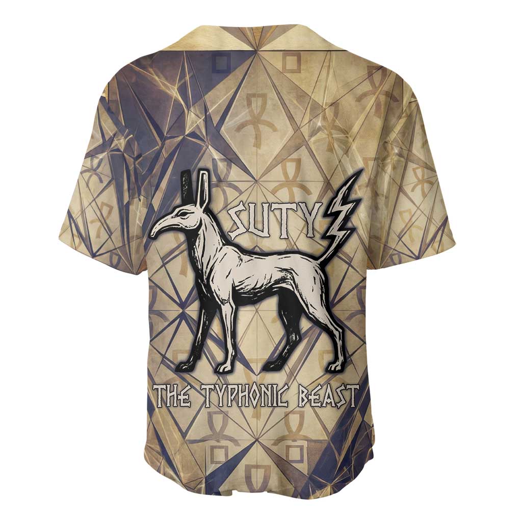 Suty Baseball Jersey with Typhonic Beast Staff Ancient Egypt Symbolism