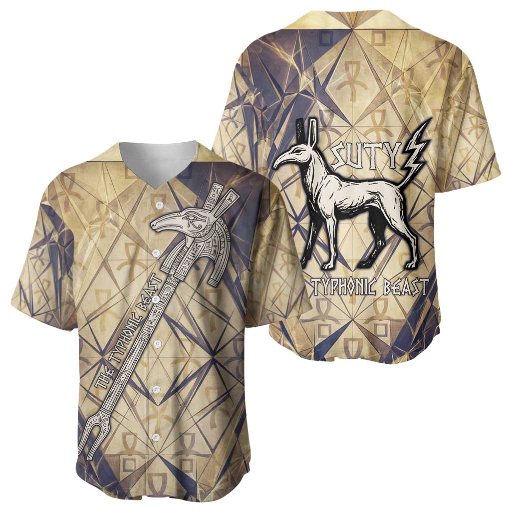 Suty Baseball Jersey with Typhonic Beast Staff Ancient Egypt Symbolism