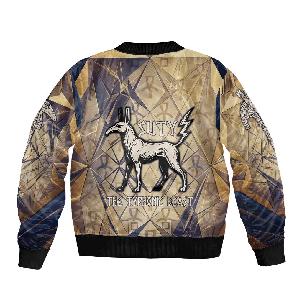 Suty Bomber Jacket with Typhonic Beast Staff Ancient Egypt Symbolism