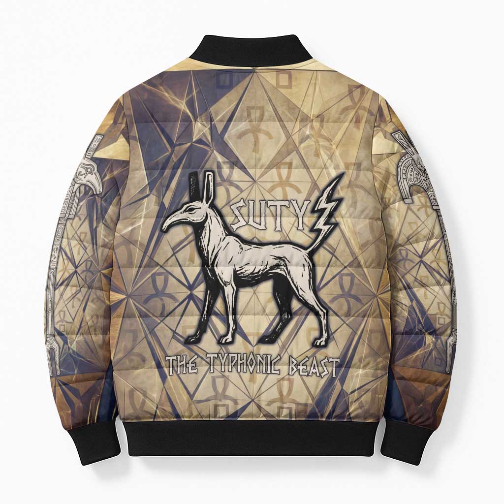 Suty Bomber Puffer Jacket with Typhonic Beast Staff Ancient Egypt Symbolism