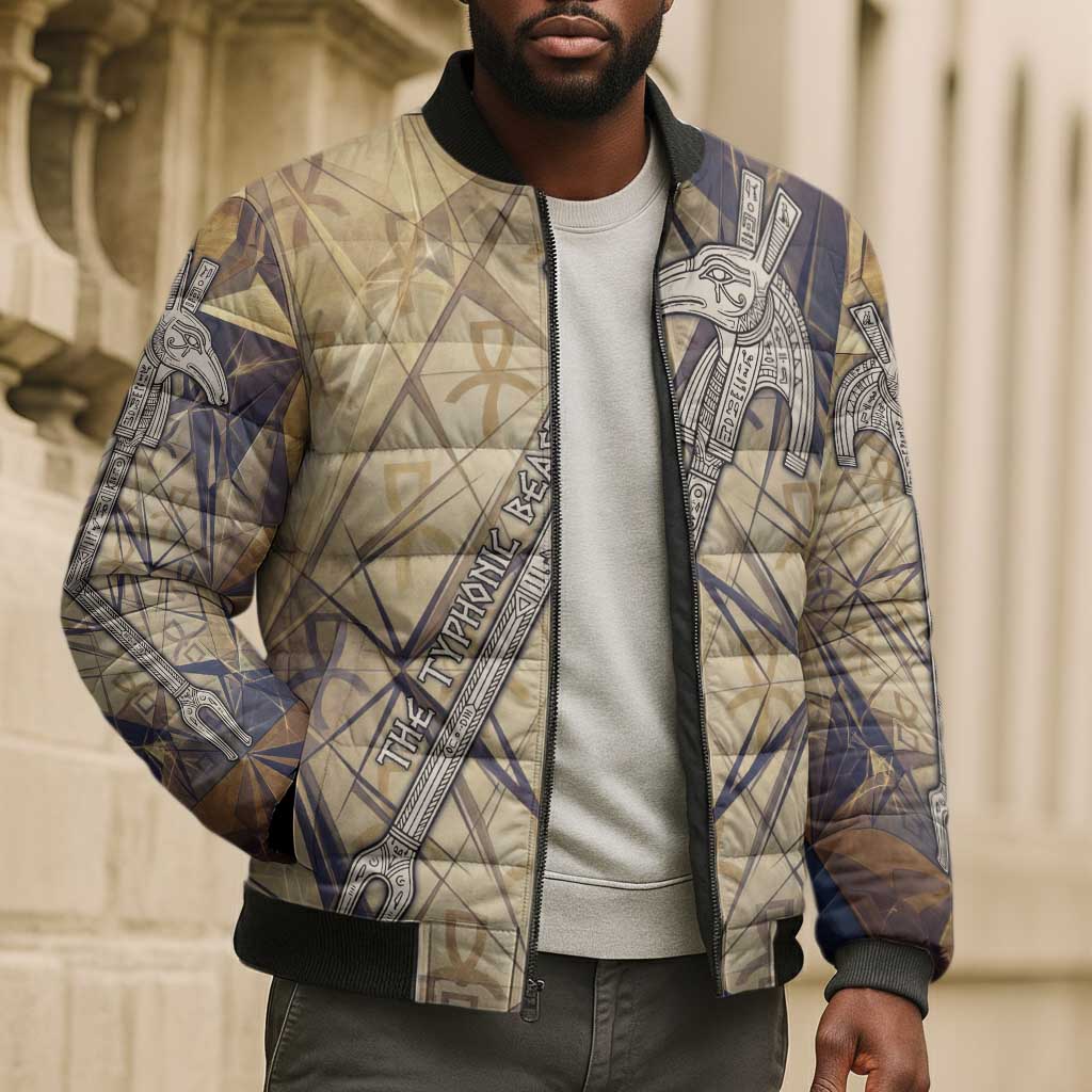 Suty Bomber Puffer Jacket with Typhonic Beast Staff Ancient Egypt Symbolism