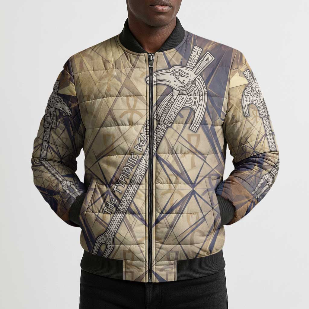 Suty Bomber Puffer Jacket with Typhonic Beast Staff Ancient Egypt Symbolism