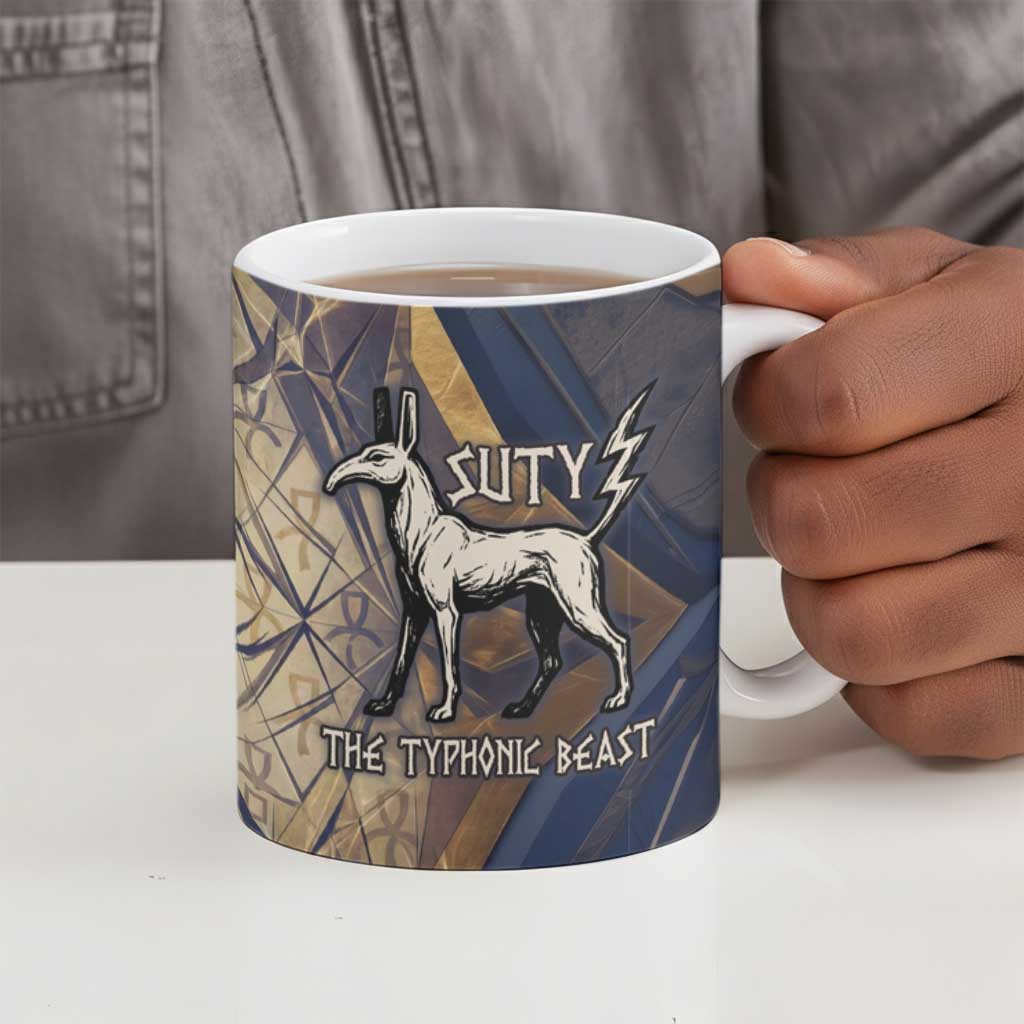 Suty Ceramic Mug with Typhonic Beast Staff Ancient Egypt Symbolism