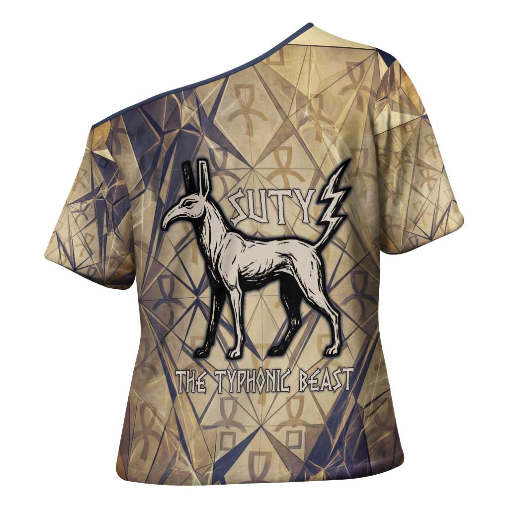 Suty Cross Shoulder Shirt with Typhonic Beast Staff Ancient Egypt Symbolism