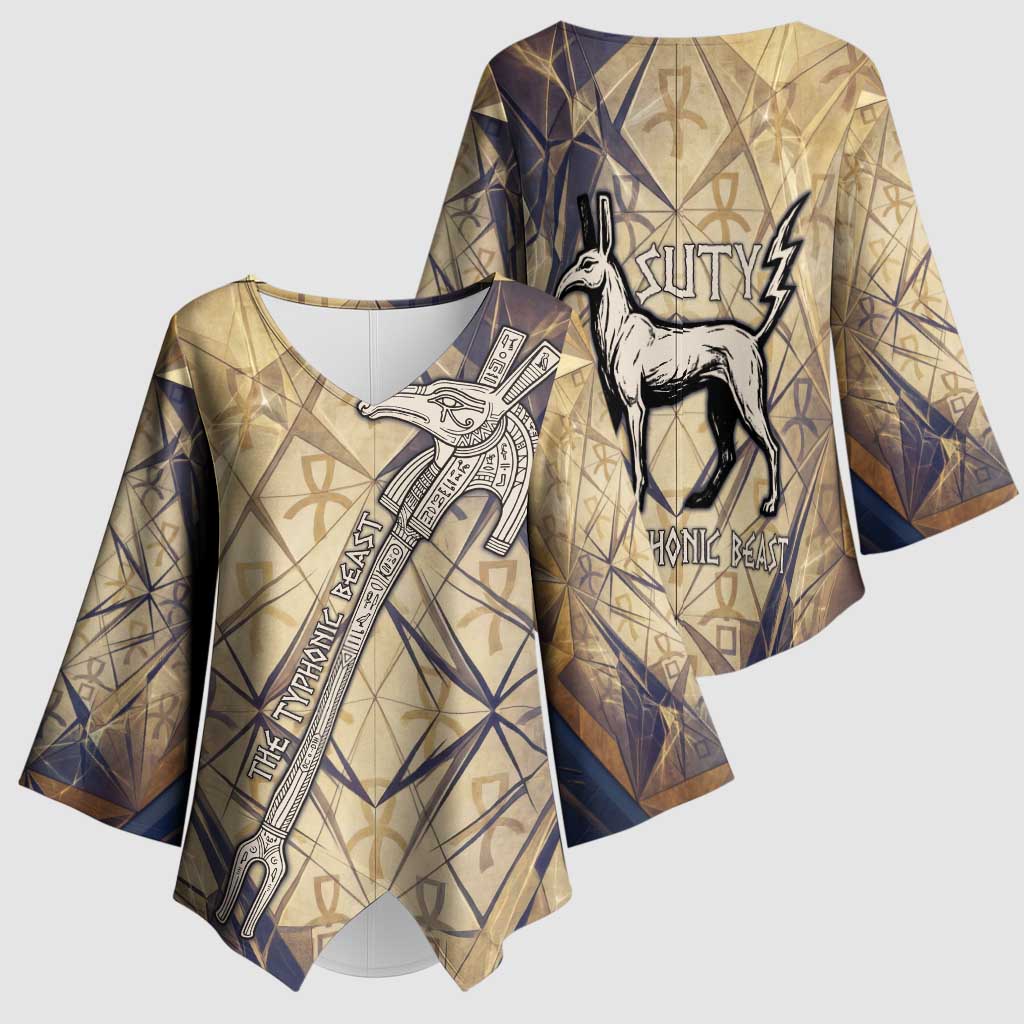 Suty Kimono Sleeve Blouse with Typhonic Beast Staff Ancient Egypt Symbolism
