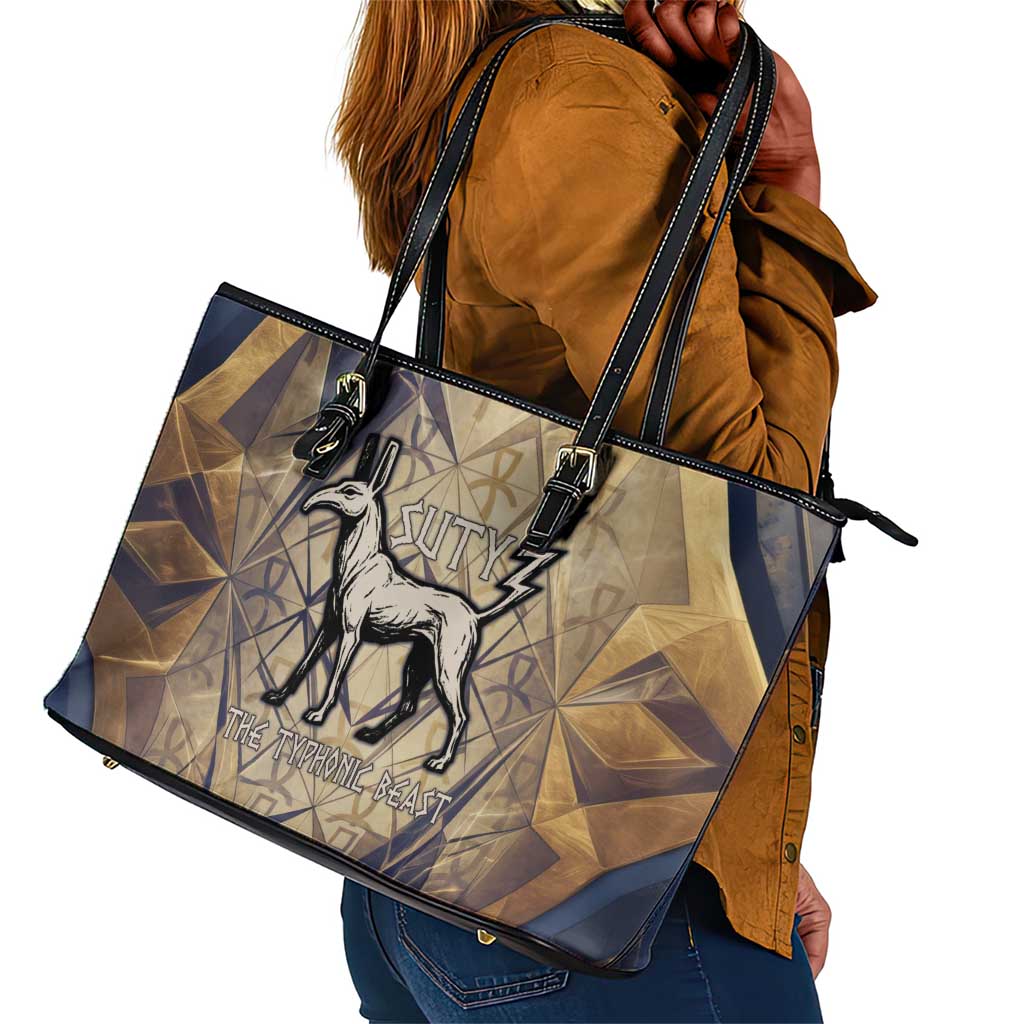 Suty Leather Tote Bag with Typhonic Beast Staff Ancient Egypt Symbolism